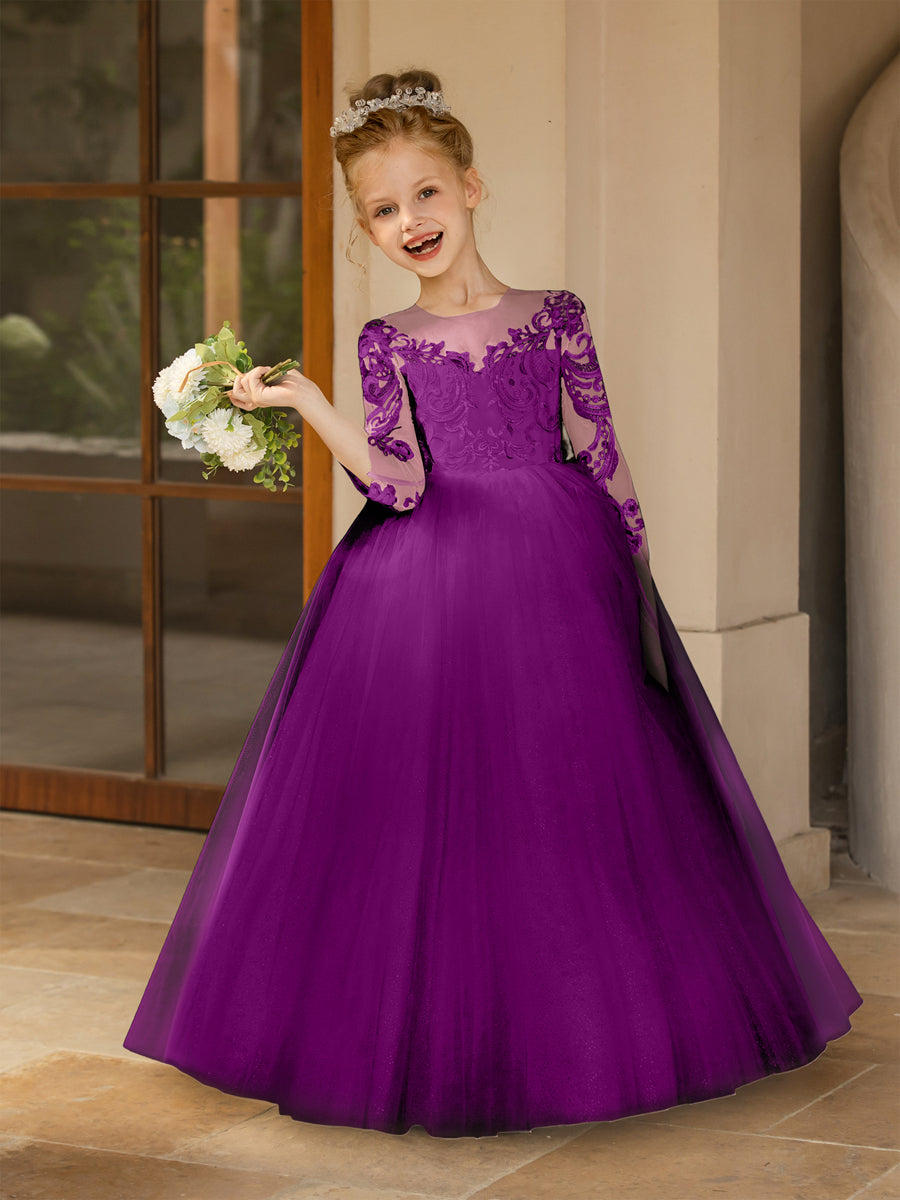 Crew Neck Tulle Flower Girl Dresses with Applique &amp; Satin Bowknot
