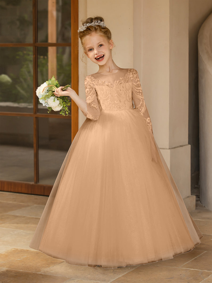 Crew Neck Tulle Flower Girl Dresses with Applique &amp; Satin Bowknot