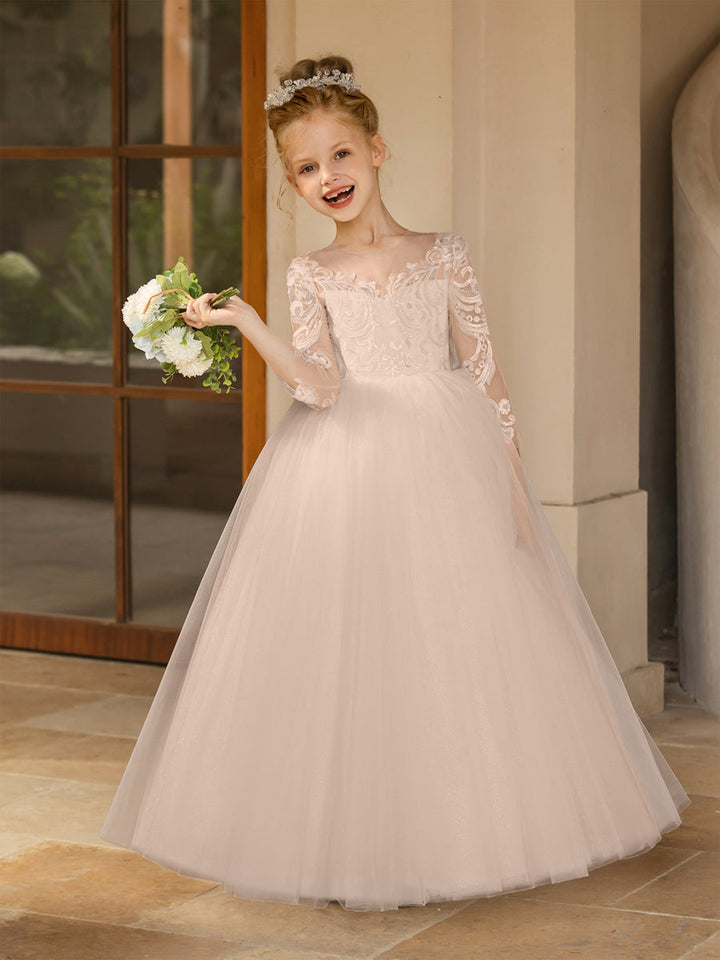 Crew Neck Tulle Flower Girl Dresses with Applique &amp; Satin Bowknot