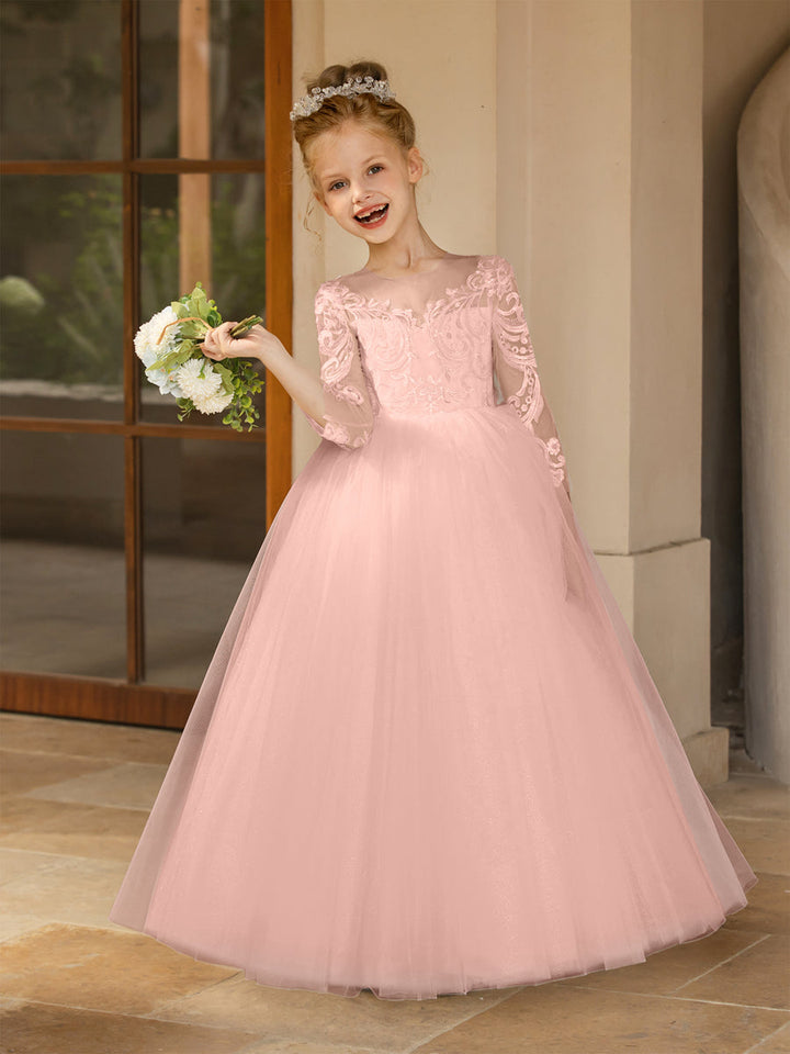 Crew Neck Tulle Flower Girl Dresses with Applique &amp; Satin Bowknot