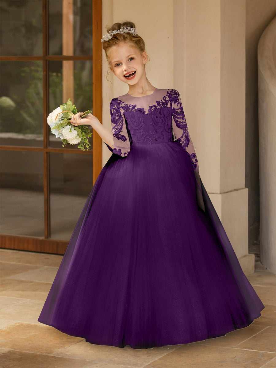 Crew Neck Tulle Flower Girl Dresses with Applique &amp; Satin Bowknot