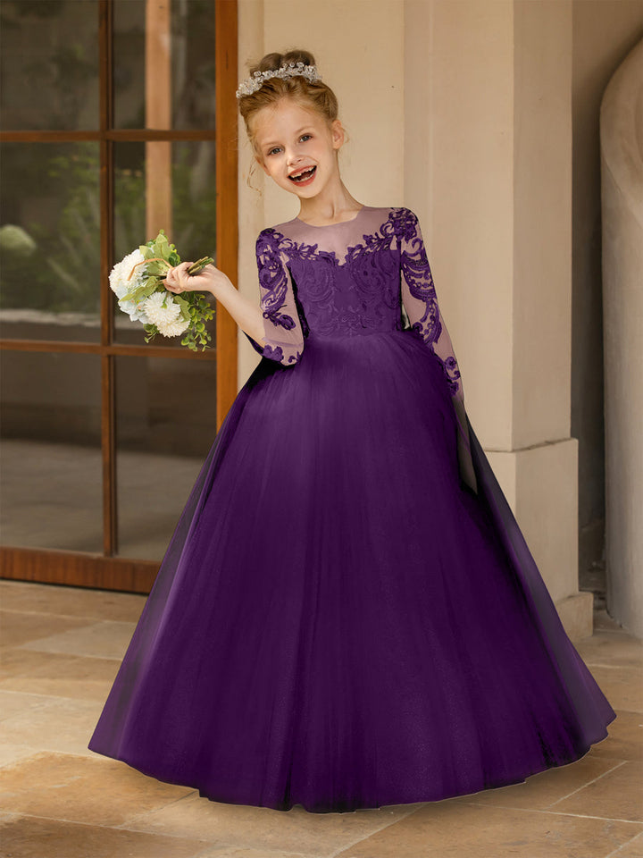 Crew Neck Tulle Flower Girl Dresses with Applique &amp; Satin Bowknot