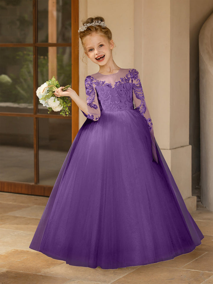 Crew Neck Tulle Flower Girl Dresses with Applique &amp; Satin Bowknot