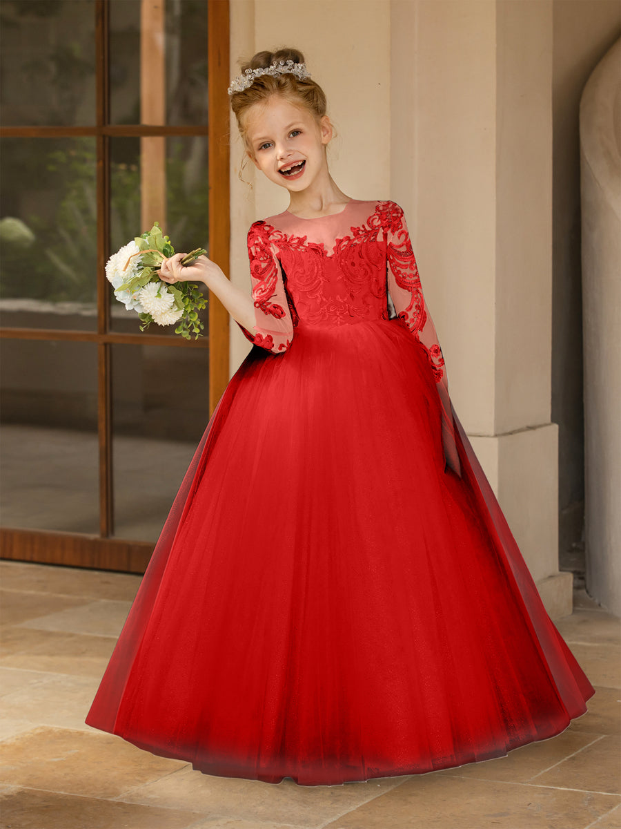 Crew Neck Tulle Flower Girl Dresses with Applique &amp; Satin Bowknot