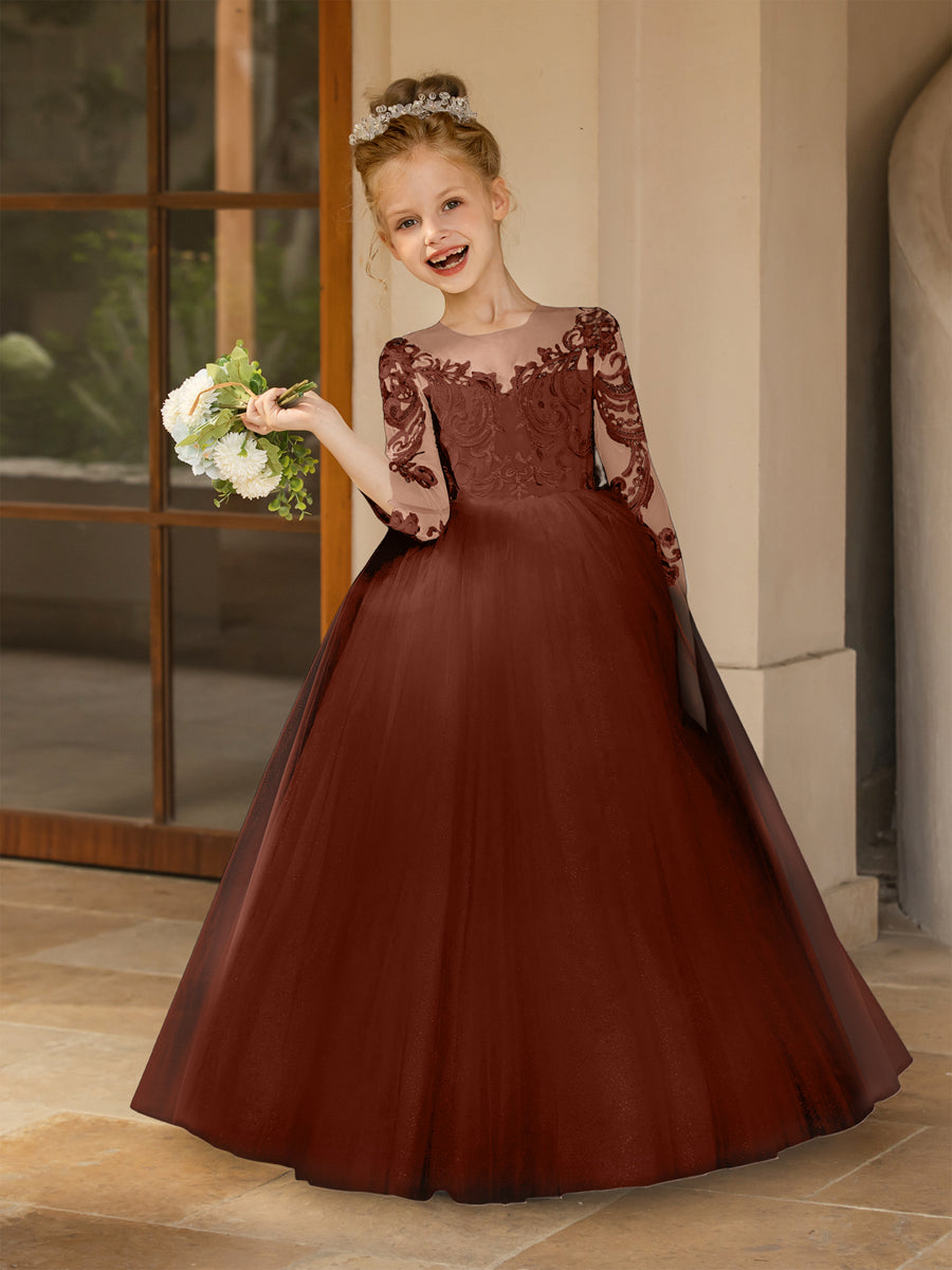 Crew Neck Tulle Flower Girl Dresses with Applique &amp; Satin Bowknot