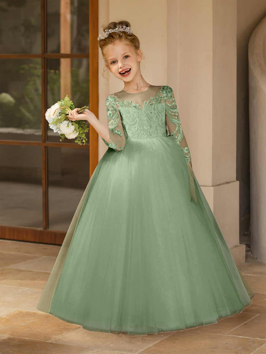 Crew Neck Tulle Flower Girl Dresses with Applique &amp; Satin Bowknot