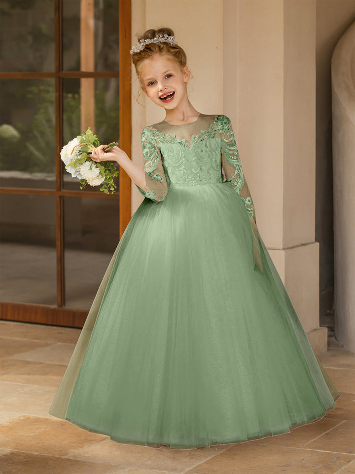 Crew Neck Tulle Flower Girl Dresses with Applique &amp; Satin Bowknot