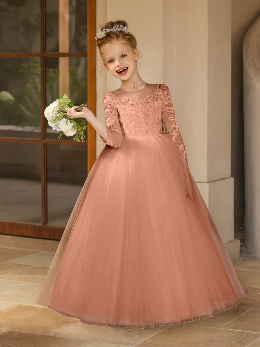 Crew Neck Tulle Flower Girl Dresses with Applique &amp; Satin Bowknot
