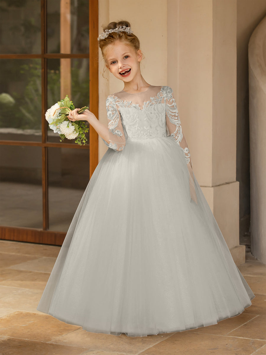 Crew Neck Tulle Flower Girl Dresses with Applique &amp; Satin Bowknot