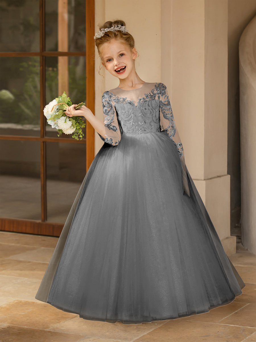 Crew Neck Tulle Flower Girl Dresses with Applique &amp; Satin Bowknot