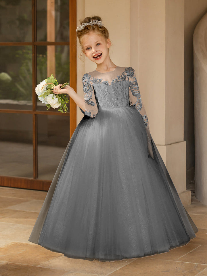 Crew Neck Tulle Flower Girl Dresses with Applique &amp; Satin Bowknot