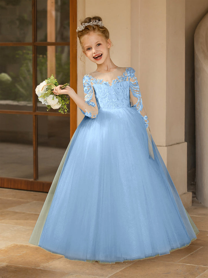 Crew Neck Tulle Flower Girl Dresses with Applique &amp; Satin Bowknot