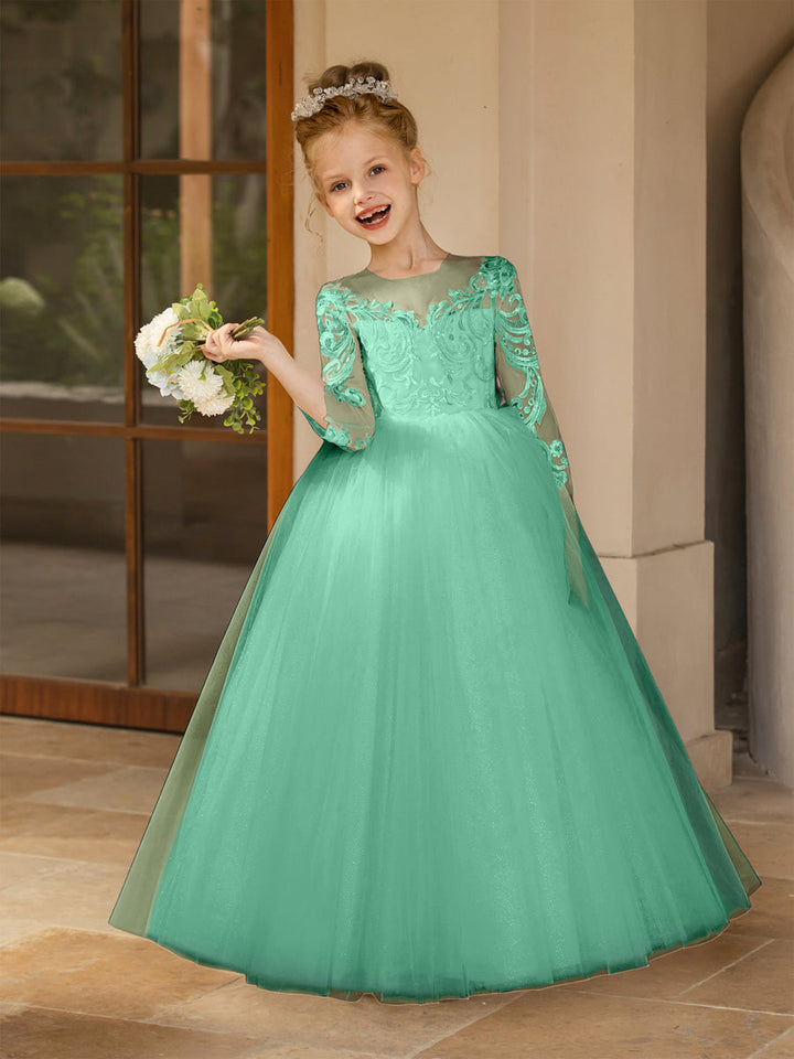 Crew Neck Tulle Flower Girl Dresses with Applique &amp; Satin Bowknot