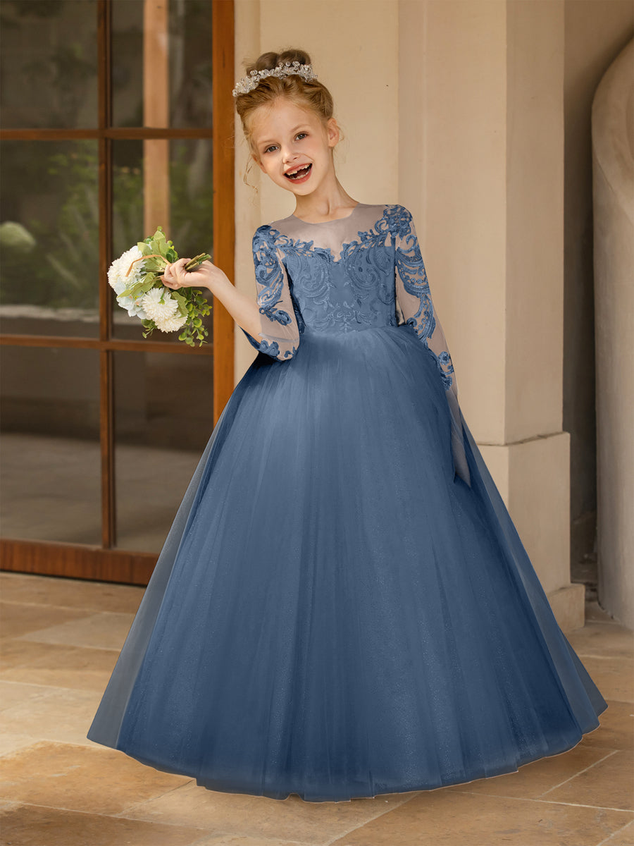 Crew Neck Tulle Flower Girl Dresses with Applique &amp; Satin Bowknot