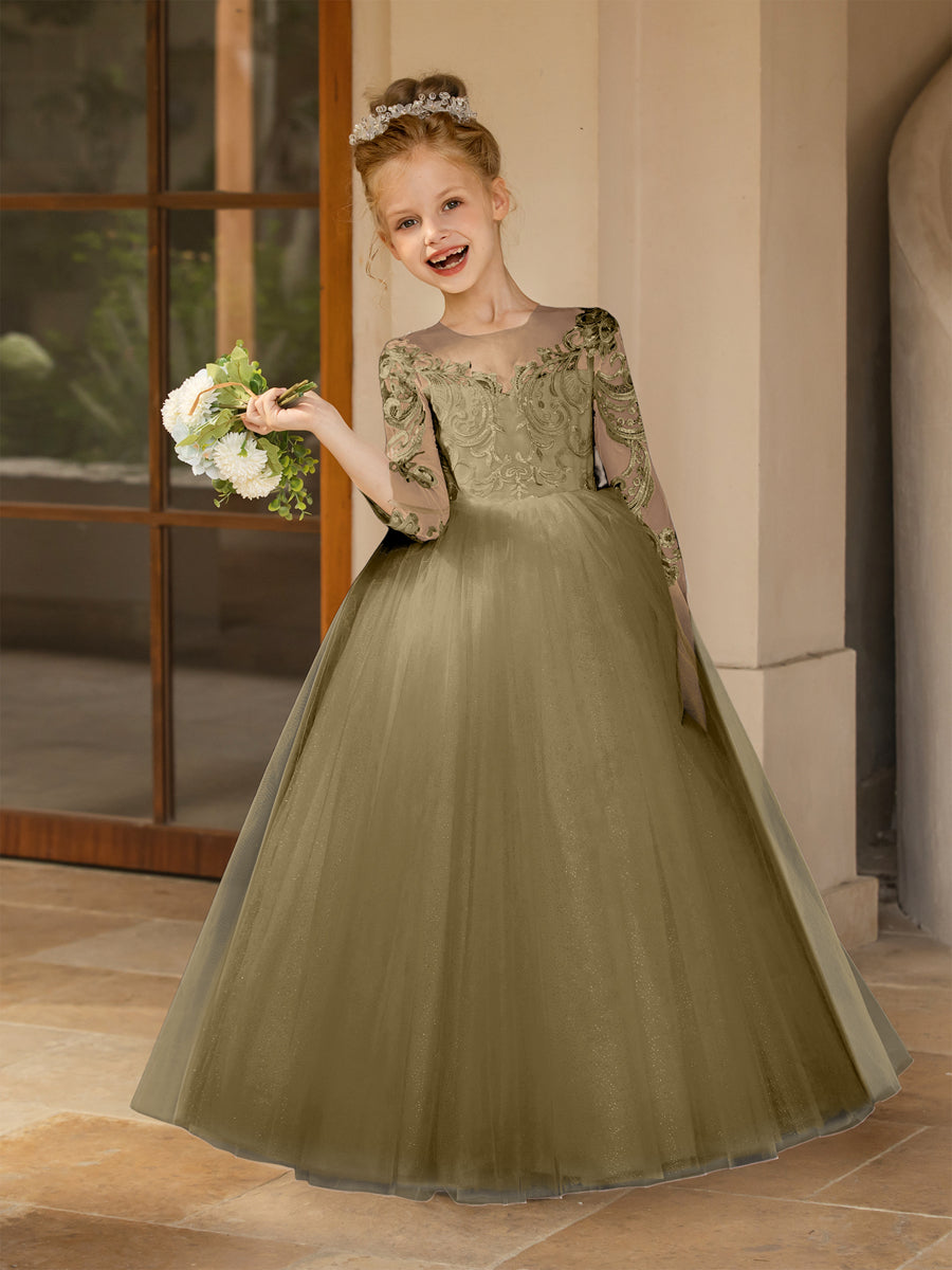 Crew Neck Tulle Flower Girl Dresses with Applique &amp; Satin Bowknot