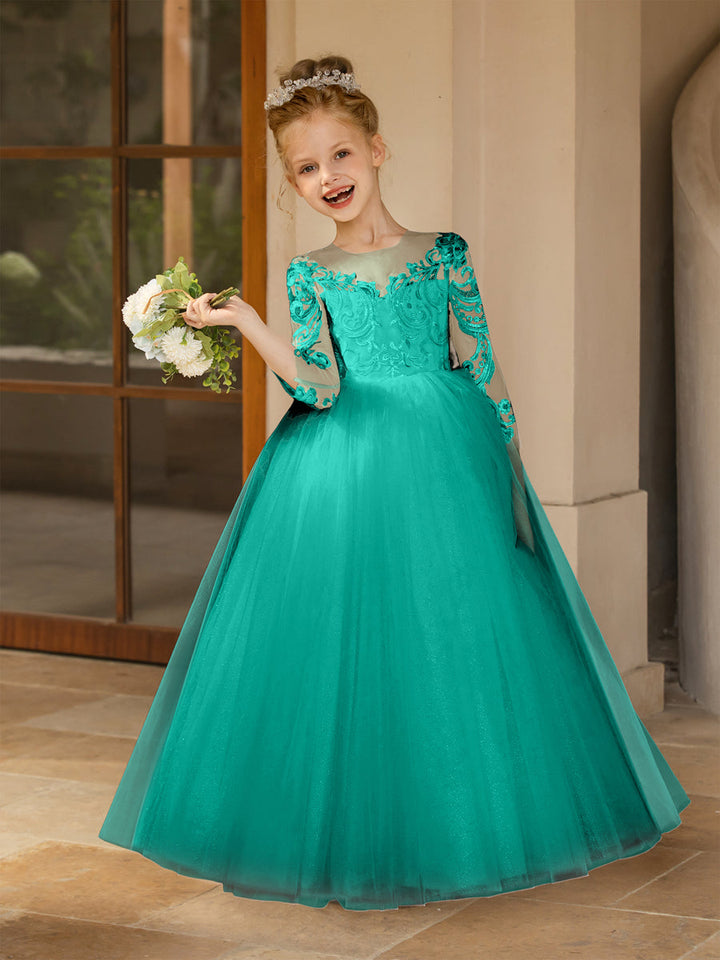 Crew Neck Tulle Flower Girl Dresses with Applique &amp; Satin Bowknot