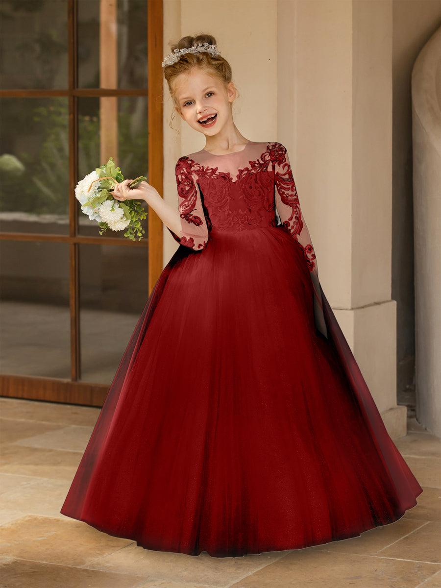 Crew Neck Tulle Flower Girl Dresses with Applique &amp; Satin Bowknot