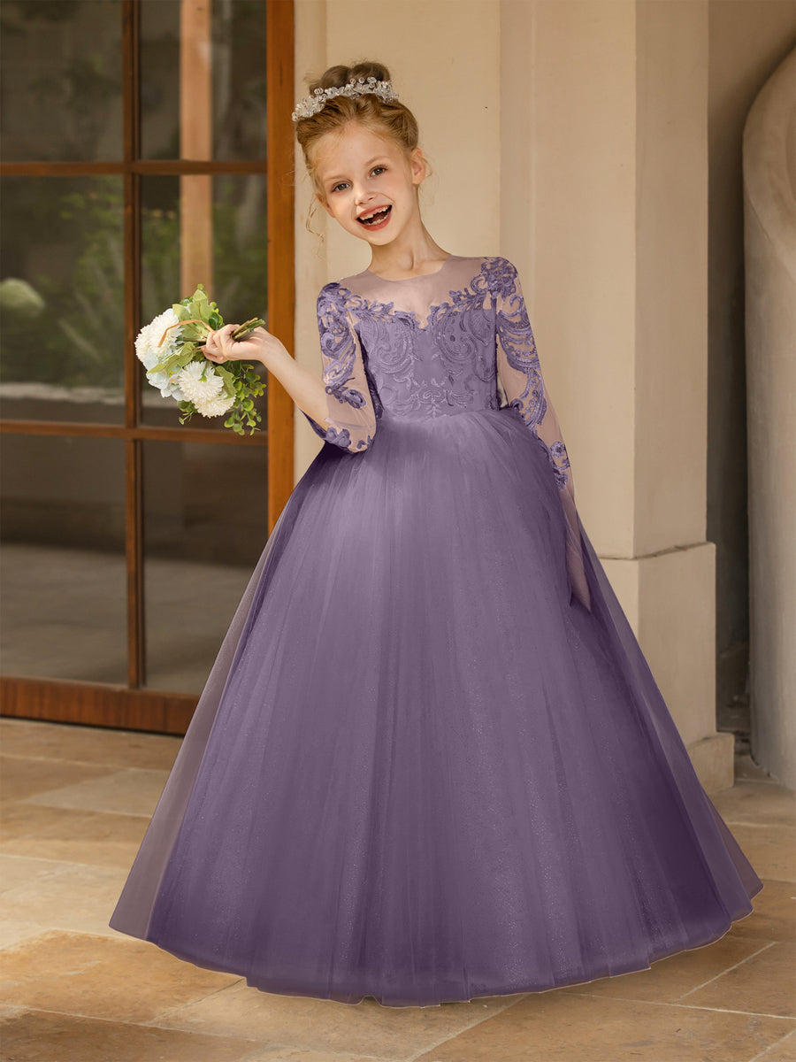 Crew Neck Tulle Flower Girl Dresses with Applique &amp; Satin Bowknot
