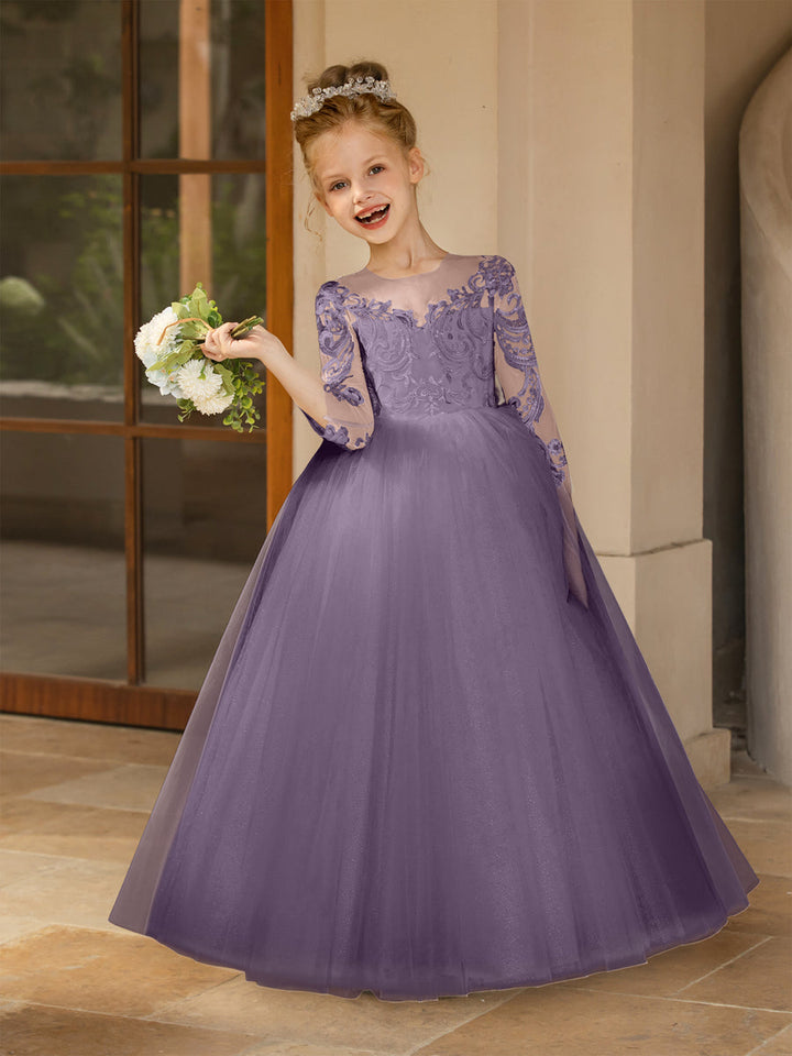 Crew Neck Tulle Flower Girl Dresses with Applique &amp; Satin Bowknot