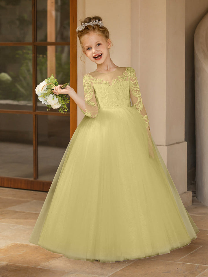 Crew Neck Tulle Flower Girl Dresses with Applique &amp; Satin Bowknot