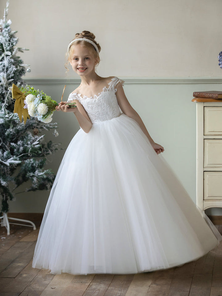 Crew Neck Tulle Flower Girl Dresses with Applique &amp; Bowknot