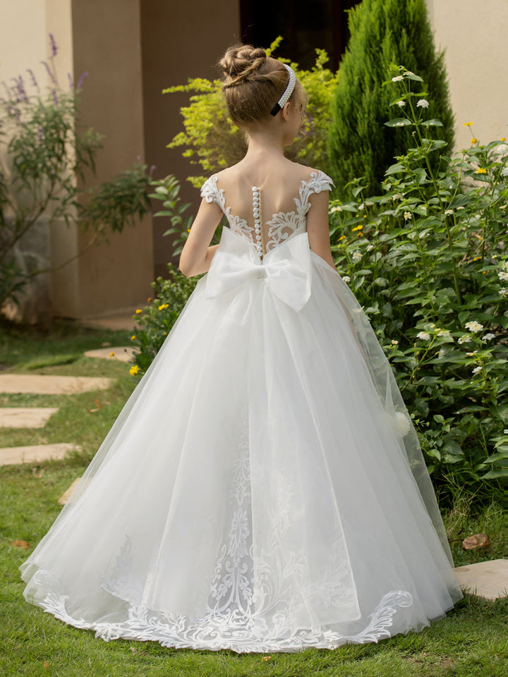 Crew Neck Tulle Flower Girl Dresses with Applique &amp; Bowknot