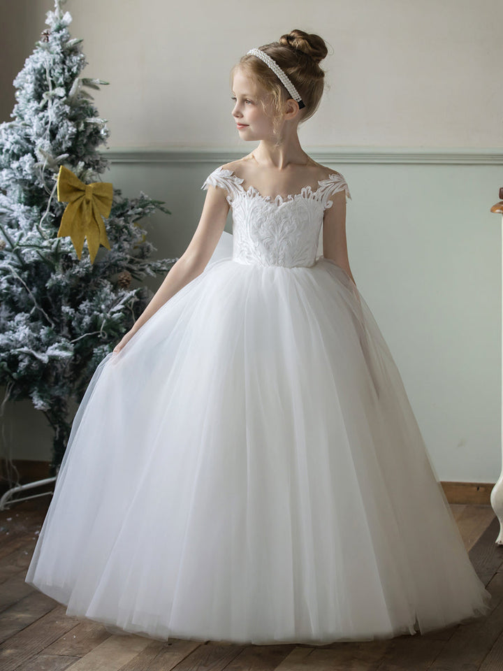 Crew Neck Tulle Flower Girl Dresses with Applique &amp; Bowknot