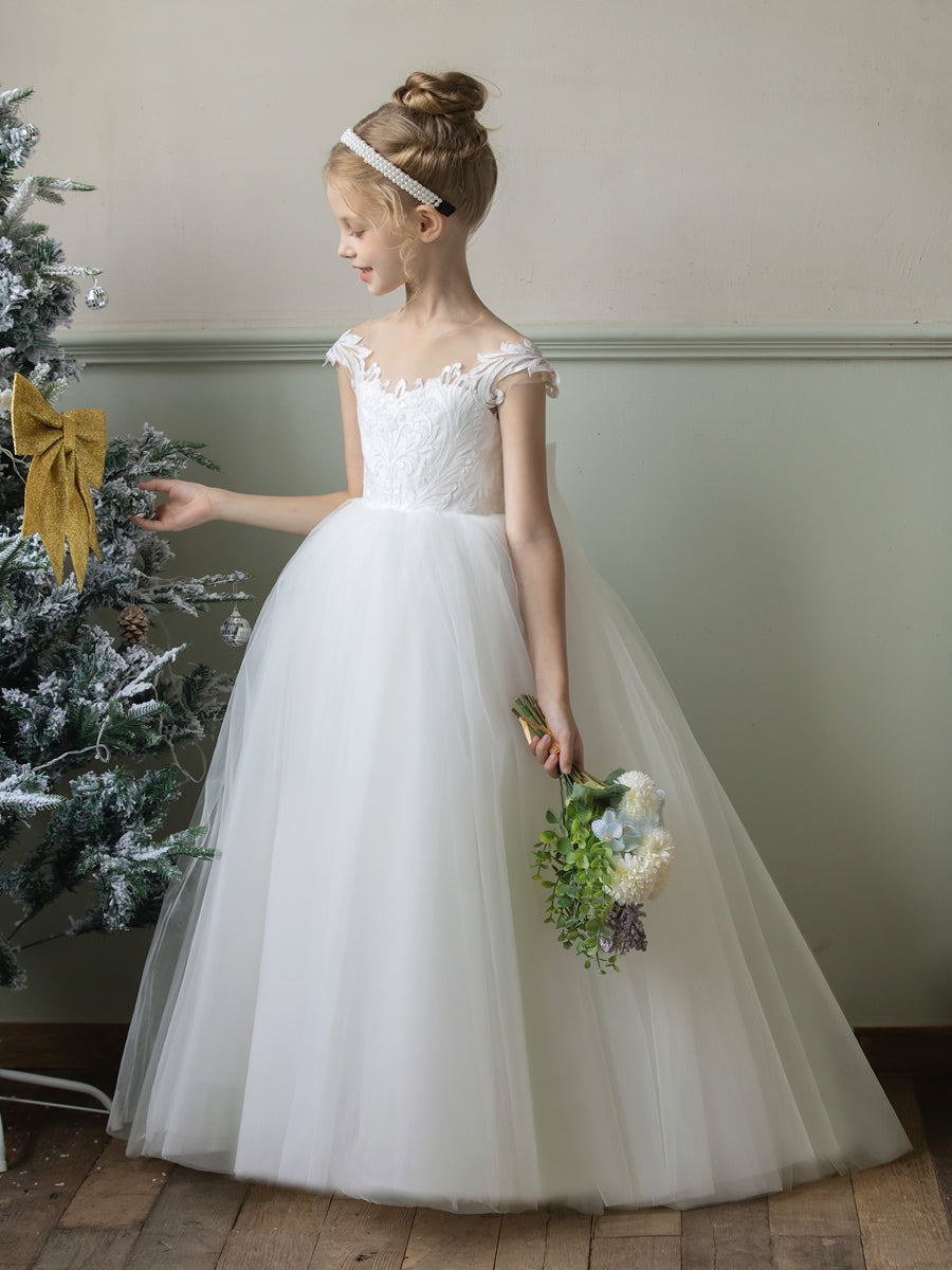 Crew Neck Tulle Flower Girl Dresses with Applique &amp; Bowknot