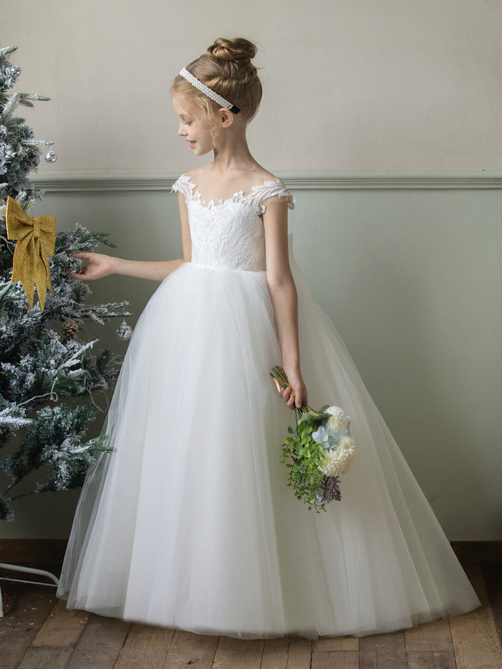 Crew Neck Tulle Flower Girl Dresses with Applique &amp; Bowknot