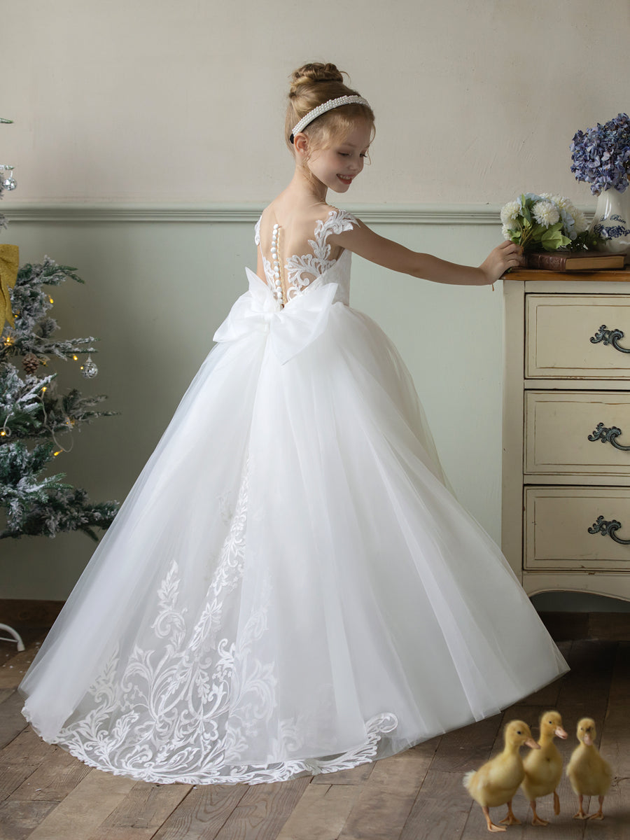 Crew Neck Tulle Flower Girl Dresses with Applique &amp; Bowknot