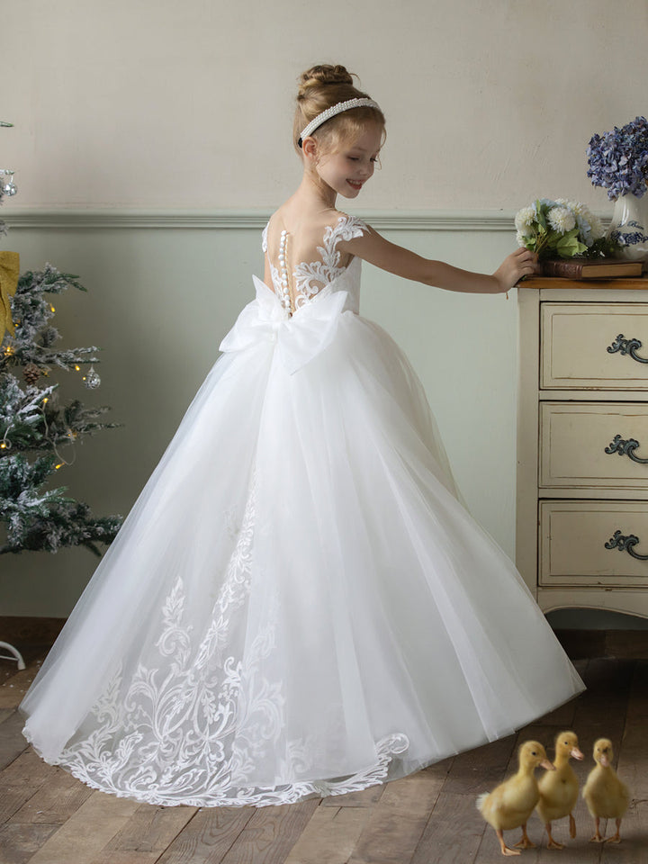 Crew Neck Tulle Flower Girl Dresses with Applique &amp; Bowknot