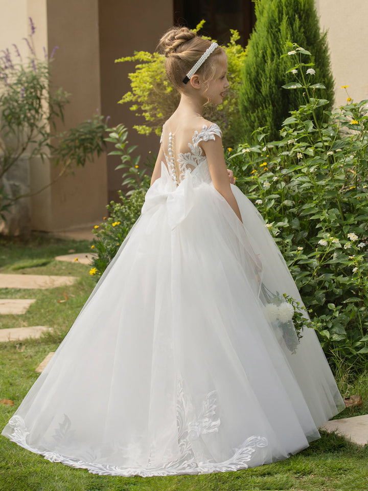 Crew Neck Tulle Flower Girl Dresses with Applique &amp; Bowknot