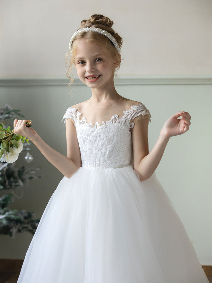 Crew Neck Tulle Flower Girl Dresses with Applique &amp; Bowknot