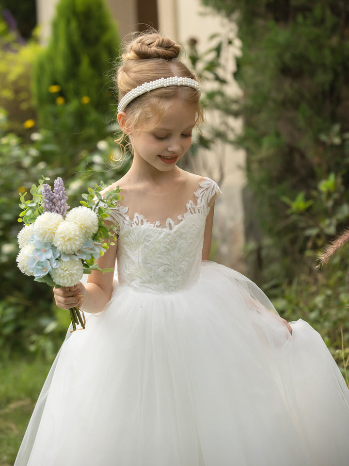 Crew Neck Tulle Flower Girl Dresses with Applique &amp; Bowknot
