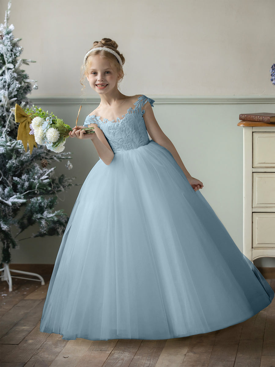 Crew Neck Tulle Flower Girl Dresses with Applique & Bowknot
