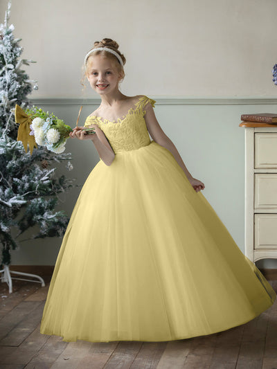 Crew Neck Tulle Flower Girl Dresses with Applique & Bowknot