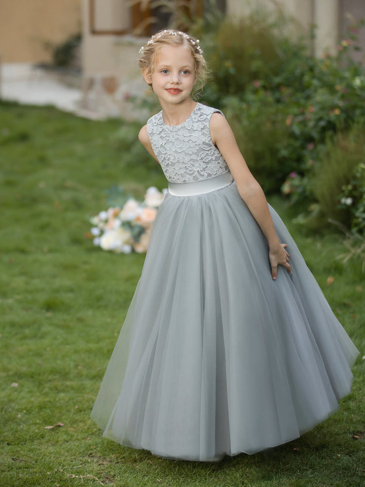 Crew Neck Tulle Flower Girl Dresses with Applique &amp; Sash