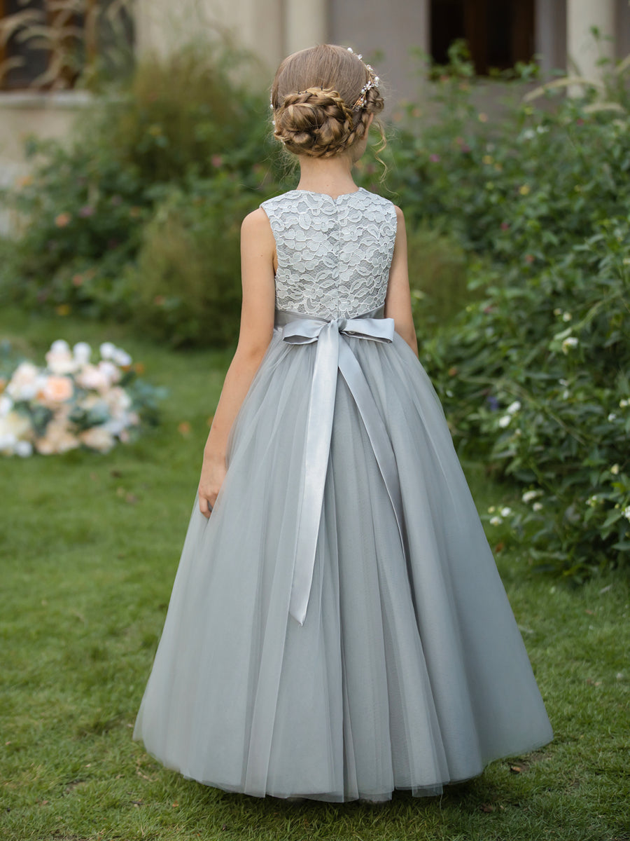 Crew Neck Tulle Flower Girl Dresses with Applique &amp; Sash