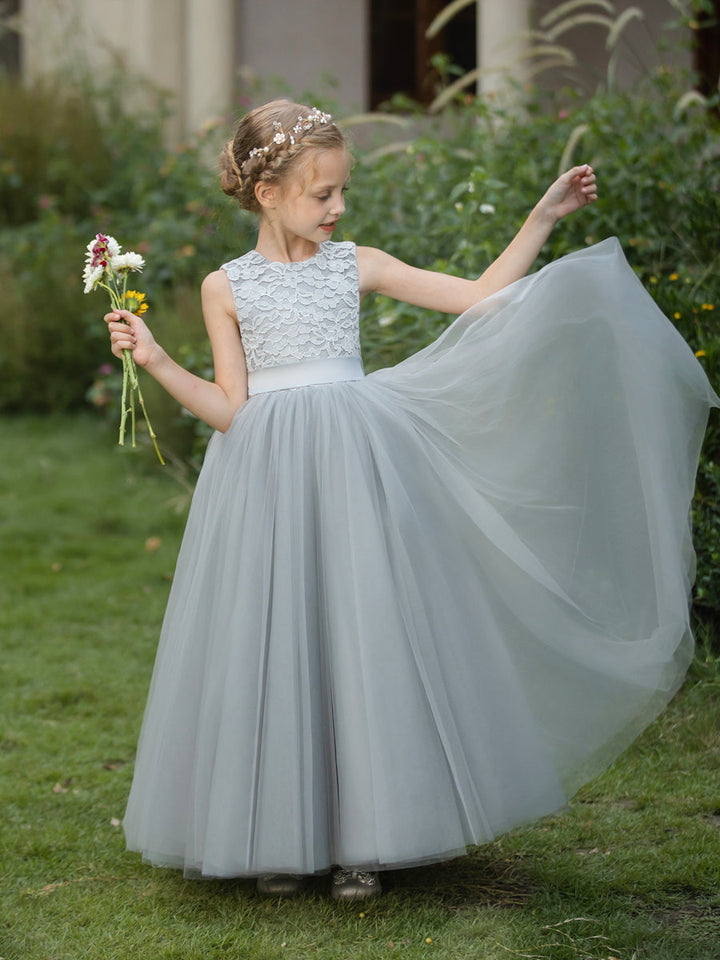 Crew Neck Tulle Flower Girl Dresses with Applique &amp; Sash