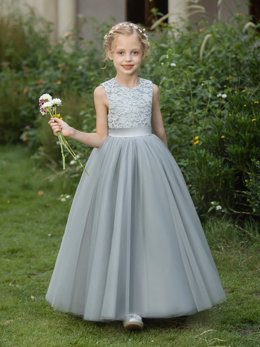 Crew Neck Tulle Flower Girl Dresses with Applique & Sash