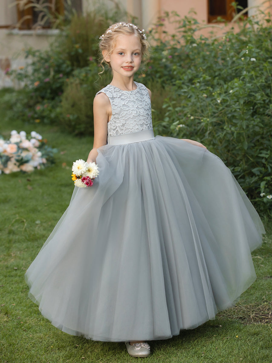 Crew Neck Tulle Flower Girl Dresses with Applique &amp; Sash