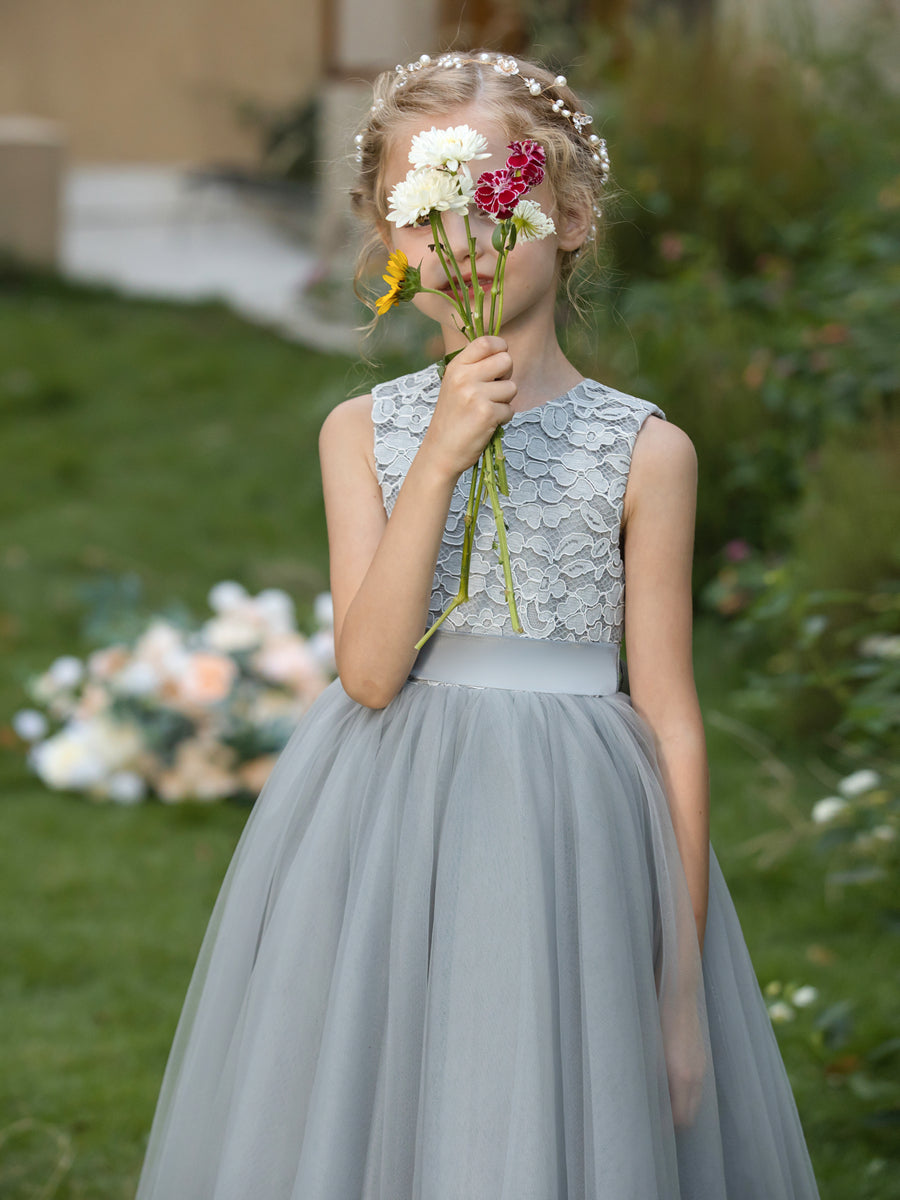 Crew Neck Tulle Flower Girl Dresses with Applique &amp; Sash