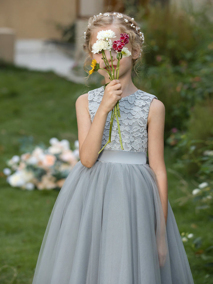 Crew Neck Tulle Flower Girl Dresses with Applique &amp; Sash