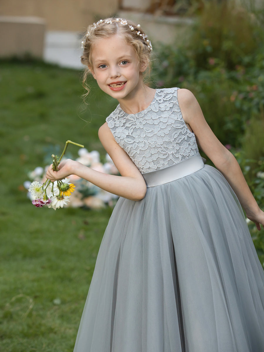 Crew Neck Tulle Flower Girl Dresses with Applique & Sash