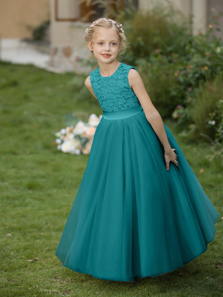 Crew Neck Tulle Flower Girl Dresses with Applique &amp; Sash