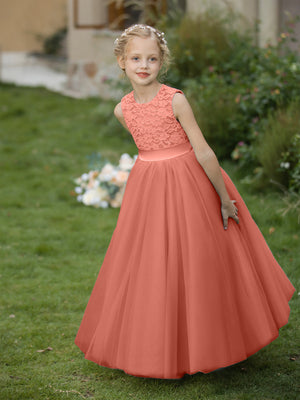 Crew Neck Tulle Flower Girl Dresses with Applique & Sash