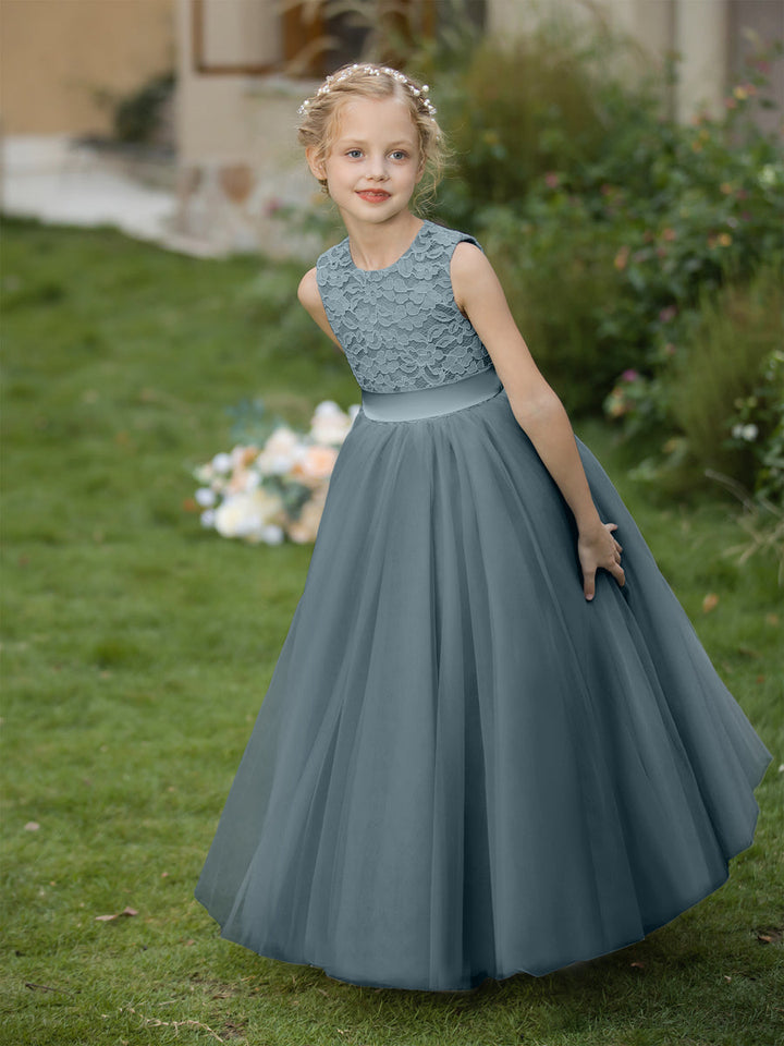 Crew Neck Tulle Flower Girl Dresses with Applique &amp; Sash