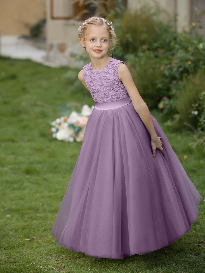 Crew Neck Tulle Flower Girl Dresses with Applique &amp; Sash