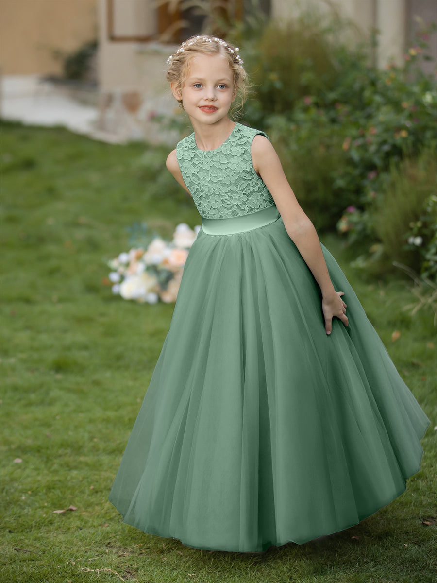 Crew Neck Tulle Flower Girl Dresses with Applique &amp; Sash