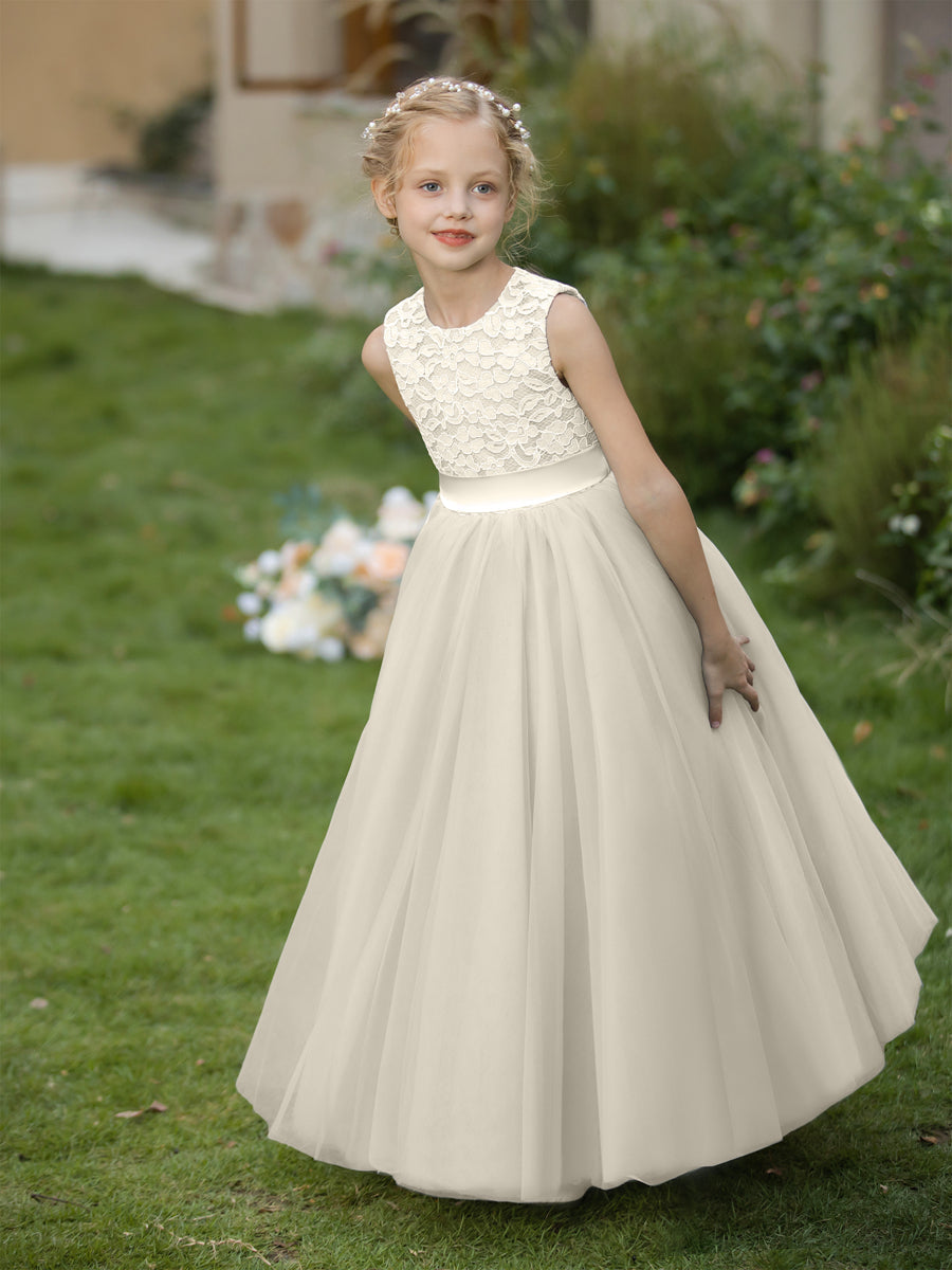 Crew Neck Tulle Flower Girl Dresses with Applique &amp; Sash